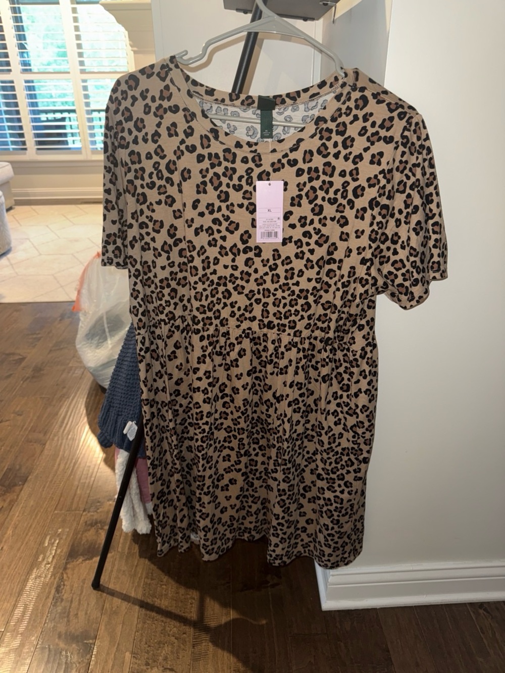 Leopard Print Short Sleeve Babydoll Dress - Tan